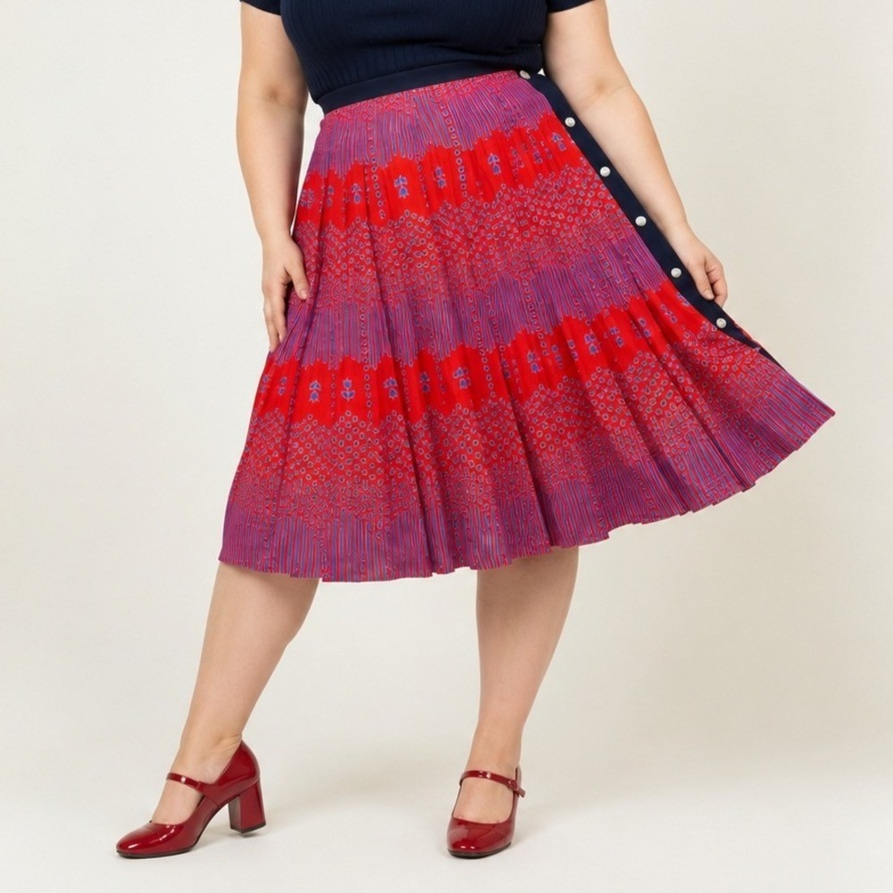 ModCloth Red Blue Geometric Floral Side Button Pleated Midi Skirt NWT 14 Retro